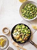 Lemon broad beans served with fried potatoes, harissa and parsley
