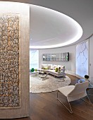 Artistically designed wall and elegant living area in rotunda