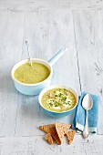 Cream of courgette soup with mint and almonds