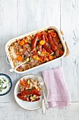 Buckwheat bake with vegetables and sausage