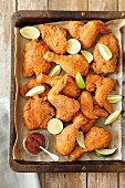 Breaded, fried chicken bits with limes and barbecue sauce on a baking tray