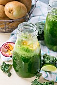 Green smoothie with kale, kiwi, lime and passionfruit