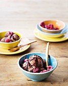 Chocolate & coffee ice cream with raspberries