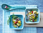 Potato and herring salad with yellow pepper, radish and a dill and mustard dressing