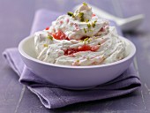 Cream cheese and strawberry cream with pistachios