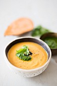Vegan sweet potato soup with soya cream and coriander pesto (detox)