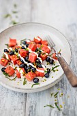Watermelon salad with blueberries and silk tofu
