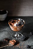 Stielglas mit dunklem Schokoladenmousse, Brombeeren und Schokostückchen vor dunklem Hintergrund