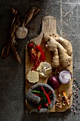 An arrangement of vegetables and spices