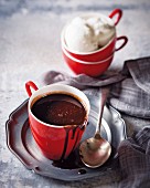 Chocolate sauce in a red jug