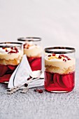 Trifles with fruit jelly, sponge cake and vanilla cream