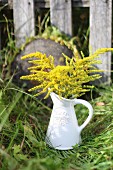 Flowers in ceramic jug in meadow