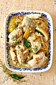 Chicken braised with leeks, apples and chanterelle mushrooms