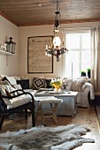 Fur rug in comfortable, country-house living room