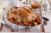 Roast chicken with chanterelle mushrooms and onions