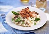 Chicken risotto with morel mushrooms and asparagus