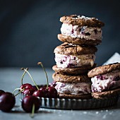 Roasted cherry ice cream sandwiches with salted double chocolate buckwheat cookies (gluten-free)