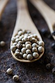 White peppercorns on a wooden spoon (close-up)
