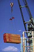 Cargo of lumber being unloaded