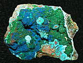 Dioptase on Azurite and Malachite