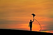 Child flying a kite at sunset