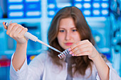 Scientist using pipette and micro tubes