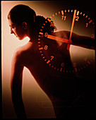 Conceptual image of a clock and a woman's body