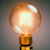 Lit light bulb showing the glowing filament