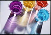 View of beakers containing coloured liquids