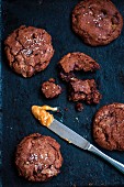 Chocolate cookies with caramel filling and sea salt
