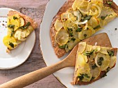 Potato and quark pizza with sage and onion