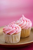 Two mini cupcakes decorated with pink frosting, very shallow depth of field