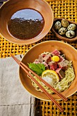 Japanese tsukemen noodles with Kobe beef and quail eggs