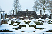 Formal garden in winter, with box hedges covered in snow