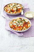 Pasta with lentils, courgette, carrot and feta