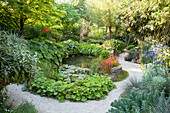 Naturnaher Garten mit vielen Grünpflanzen und einem Teich