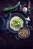 Courgette pasta with smoked tofu on a bed of carbonara sauce (vegan)