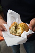 Arancini (rice balls with pistachios) from the Bronte region of Sicily, Italy