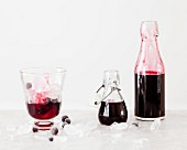 Blackcurrant syrup with vanilla in a glass and bottles