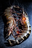 Two raw king prawns on a dark surface