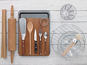 Assorted kitchen utensils for baking