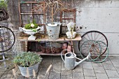 Rustic arrangmetnt of upcycled materials in garden