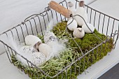 Lettered eggs in Easter nest of moss in metal basket