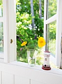 Flowers in drinking glass and lighthouse ornament on windowsil with view into garden