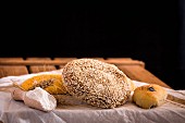 Verschiedene frische Brote auf altem Holztisch mit Mehl und Serviette