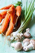 Carrots, spring onions and fresh organic mushrooms