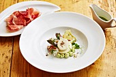 Rhubarb and asparagus salad with ricotta mousse and cured ham