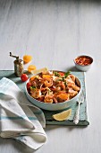 Papardelle pasta with paprika prawns and balsamic vinegar tomatoes