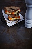 Grilled rye bread toast with pumpkin, sage and mozzarella