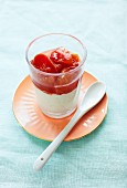 Rice pudding topped with peach compote